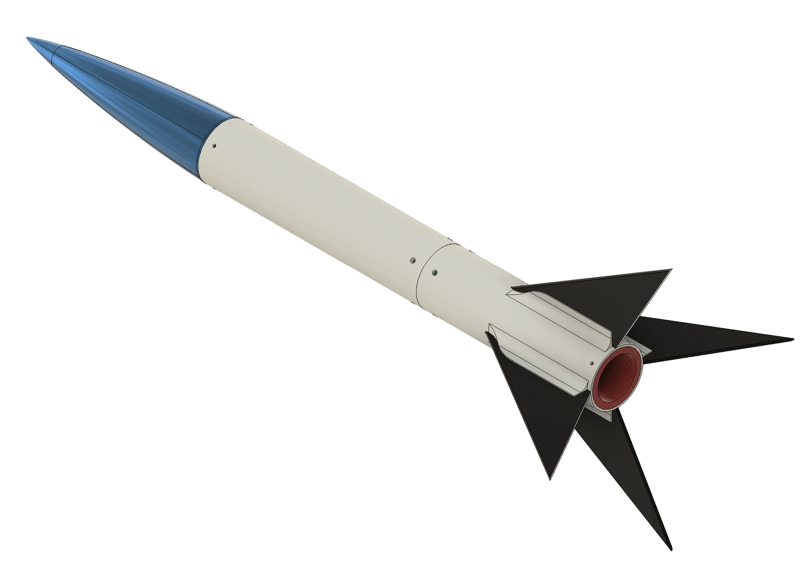 SARISSA CAD design with a blue nose cone, white body and black fins