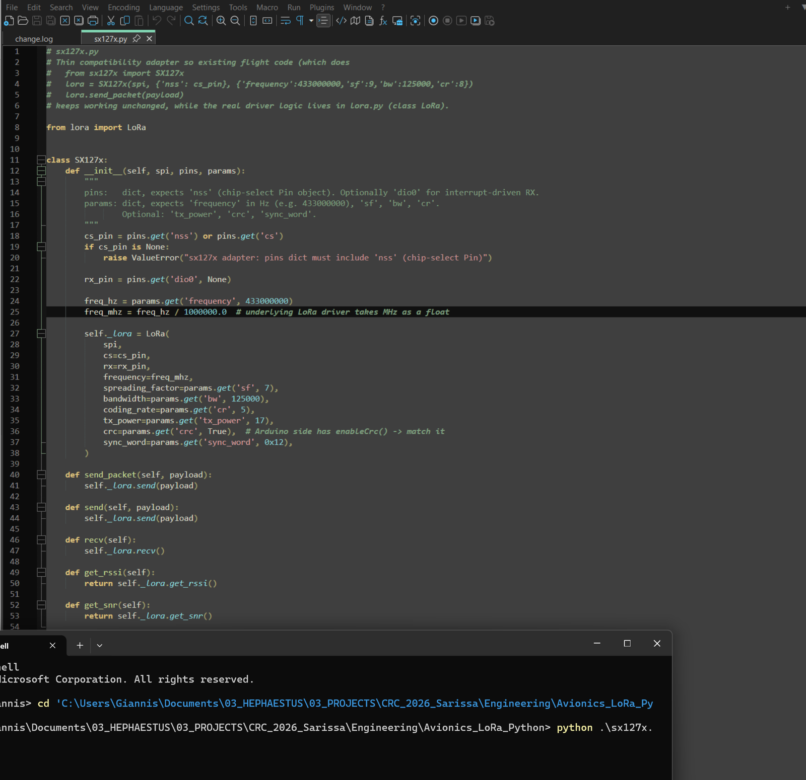 Python code for LoRa communication and a test run in a terminal